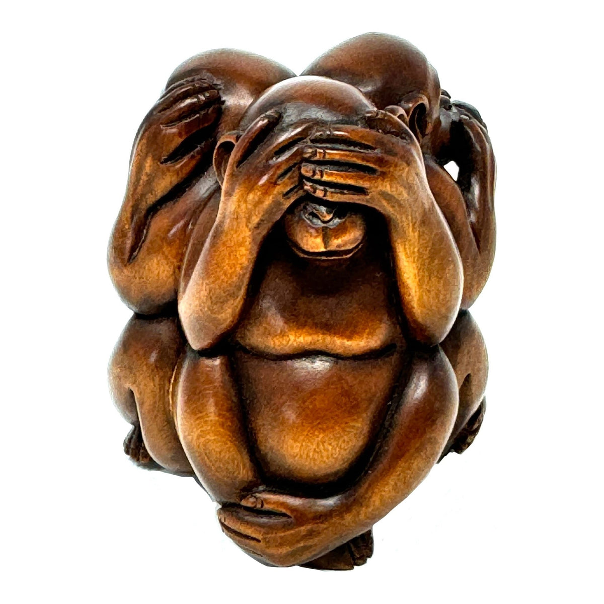 Chinese Netsuke-Style Hand-Carved Boxwood Trio of Monkeys "See No Evil, Hear No Evil & Speak No Evil" - 3" H X 2.5" Diam.