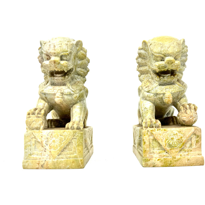Pair of Hand-Carved Marble Foo Dog Statues - 7.5" H X 5" L X 3" W (Each)