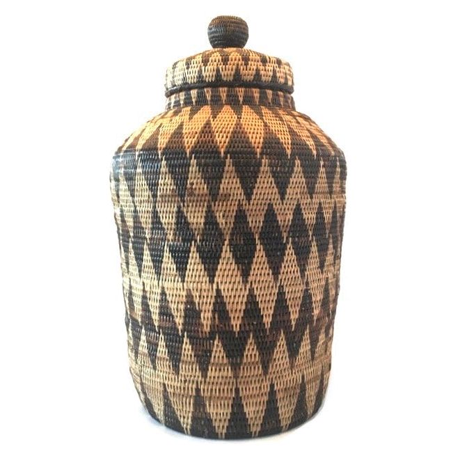 Large Philippine Iraya Basket with Lid - 20.5" H X 12.5" Diam.