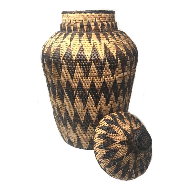 Large Philippine Iraya Basket with Lid - 20.5" H X 12.5" Diam.