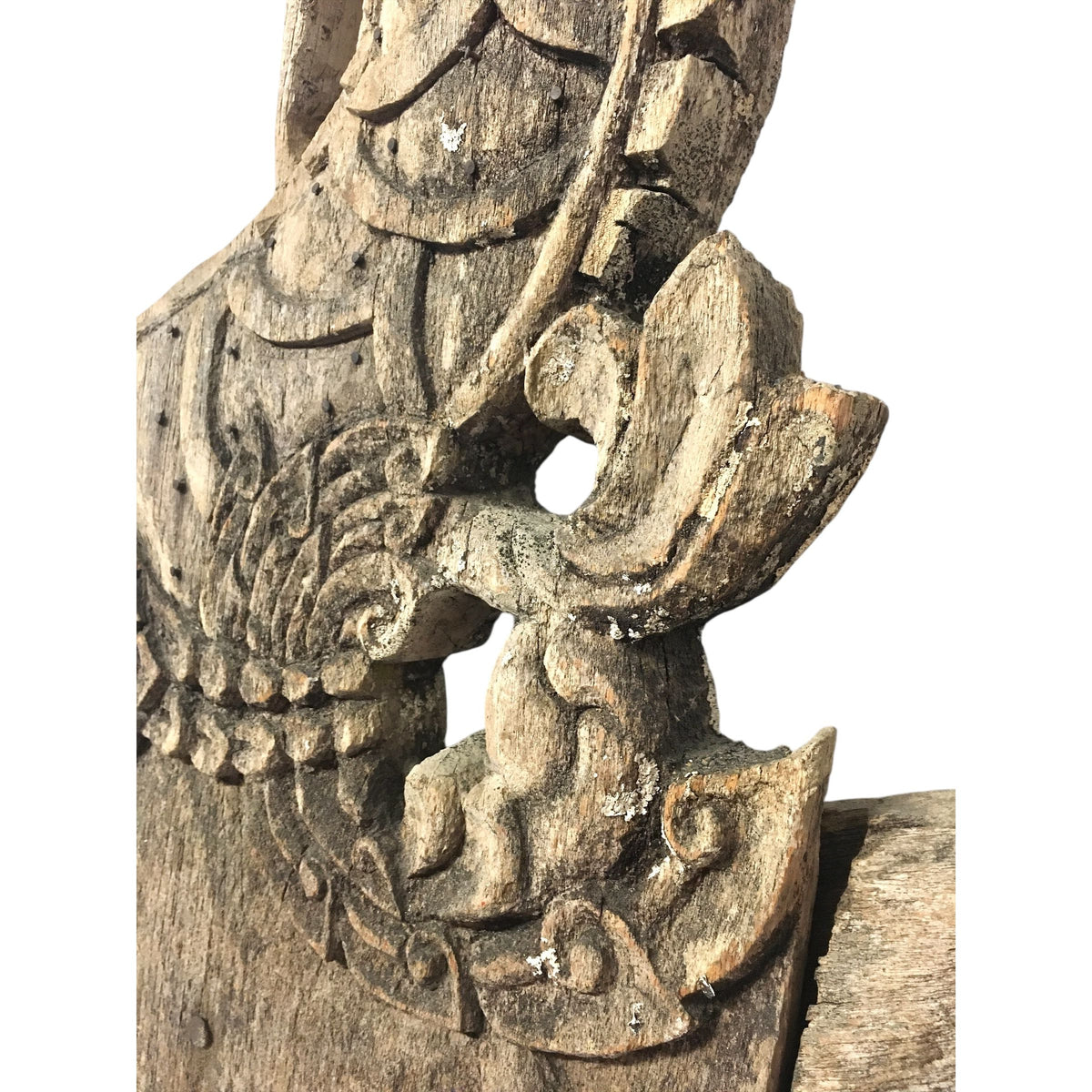 Body of an aAntique 1800s Thai wooden temple dragon architectural element with intricate carvings and a natural patina.