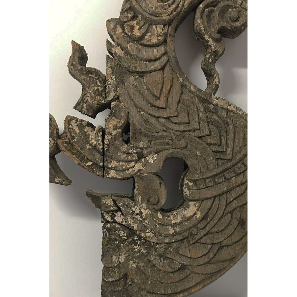 Large 19th Century Thai Wooden Temple Dragon with Natural Grayish Patina - 47" H X 20" W X 3" D