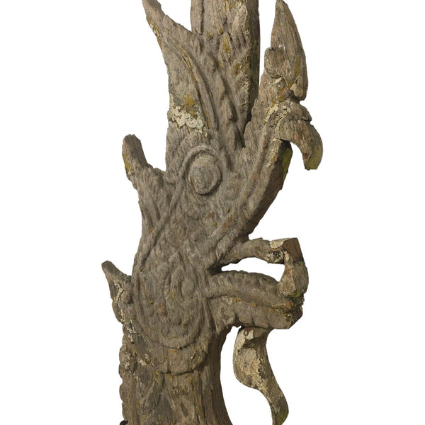 Large 19th Century Thai Wooden Temple Dragon with Natural Patina & Mustard Highlights - 49" H X 24" W X 1" D