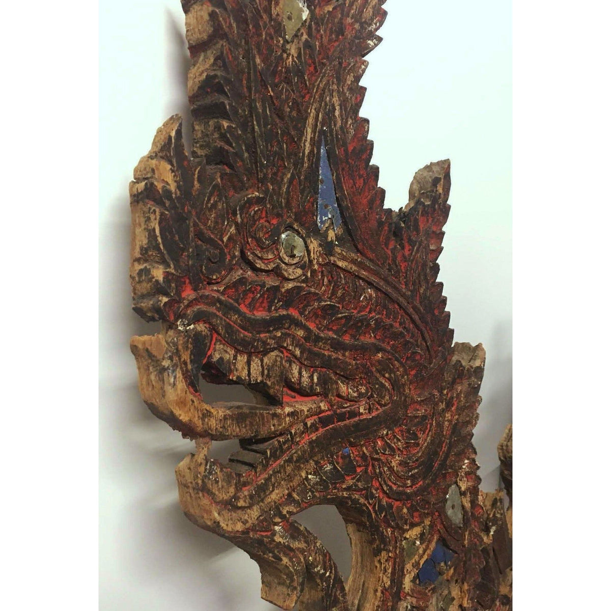 Large 19th Century Thai Wooden Temple Dragon with Decorative Tiles and Reddish Patina - 42" H X 30" W X 2.5" D