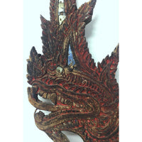 Large 19th Century Thai Wooden Temple Dragon with Decorative Tiles and Reddish Patina - 42" H X 30" W X 2.5" D