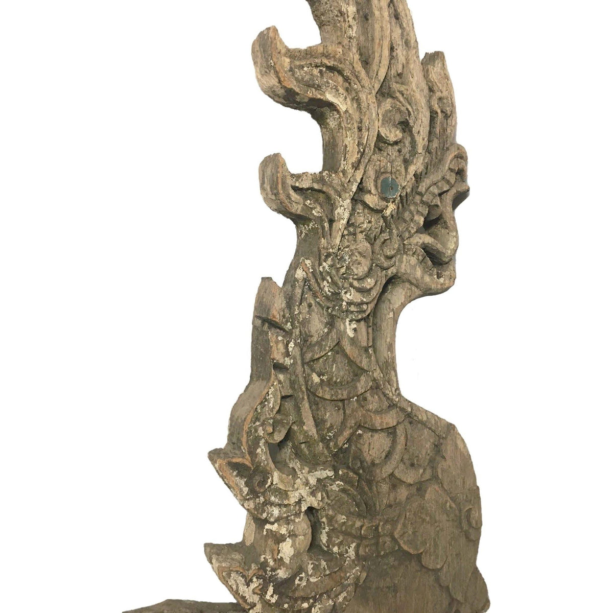 Large 19th Century Thai Wooden Temple Dragon with Natural Grayish Patina - 49" H X 28" W X 2" D