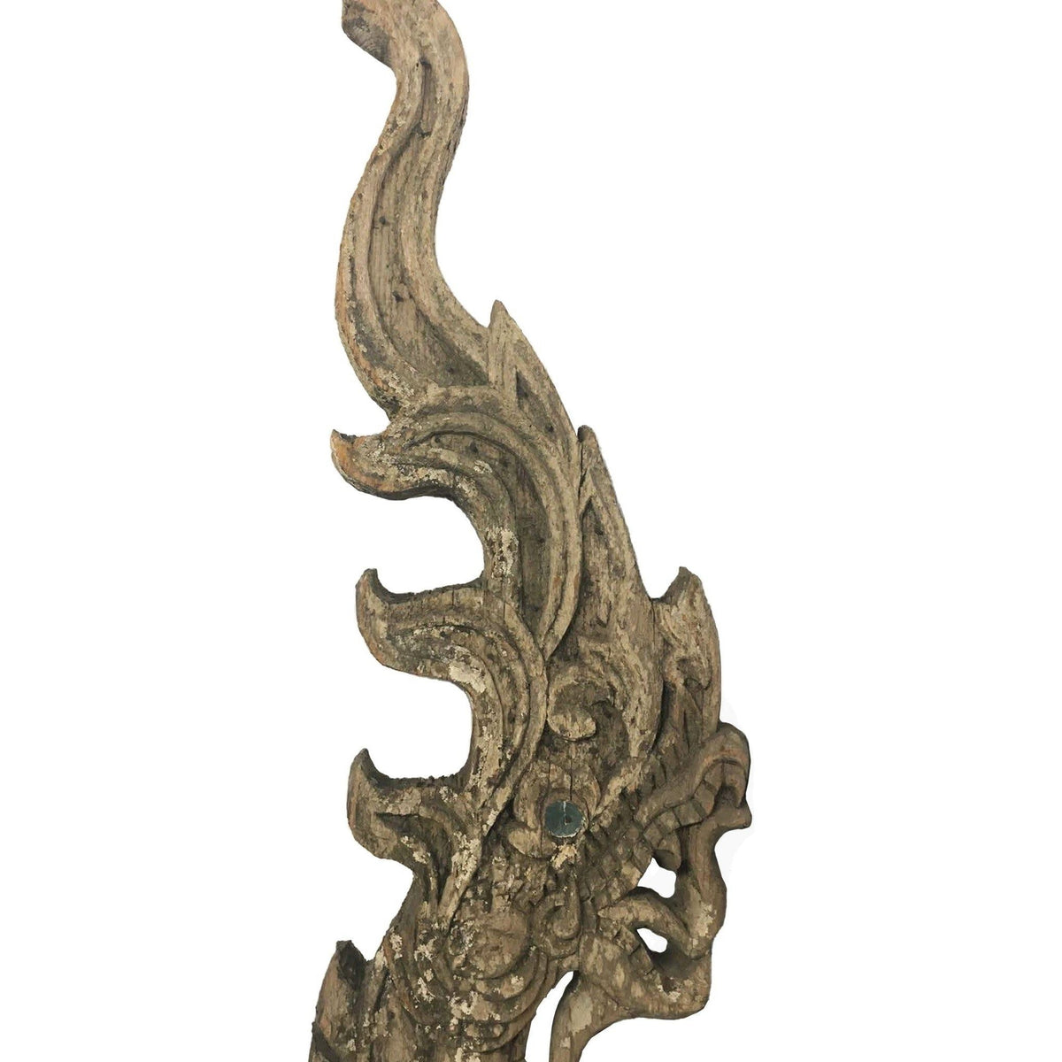 Large 19th Century Thai Wooden Temple Dragon with Natural Grayish Patina - 49" H X 28" W X 2" D