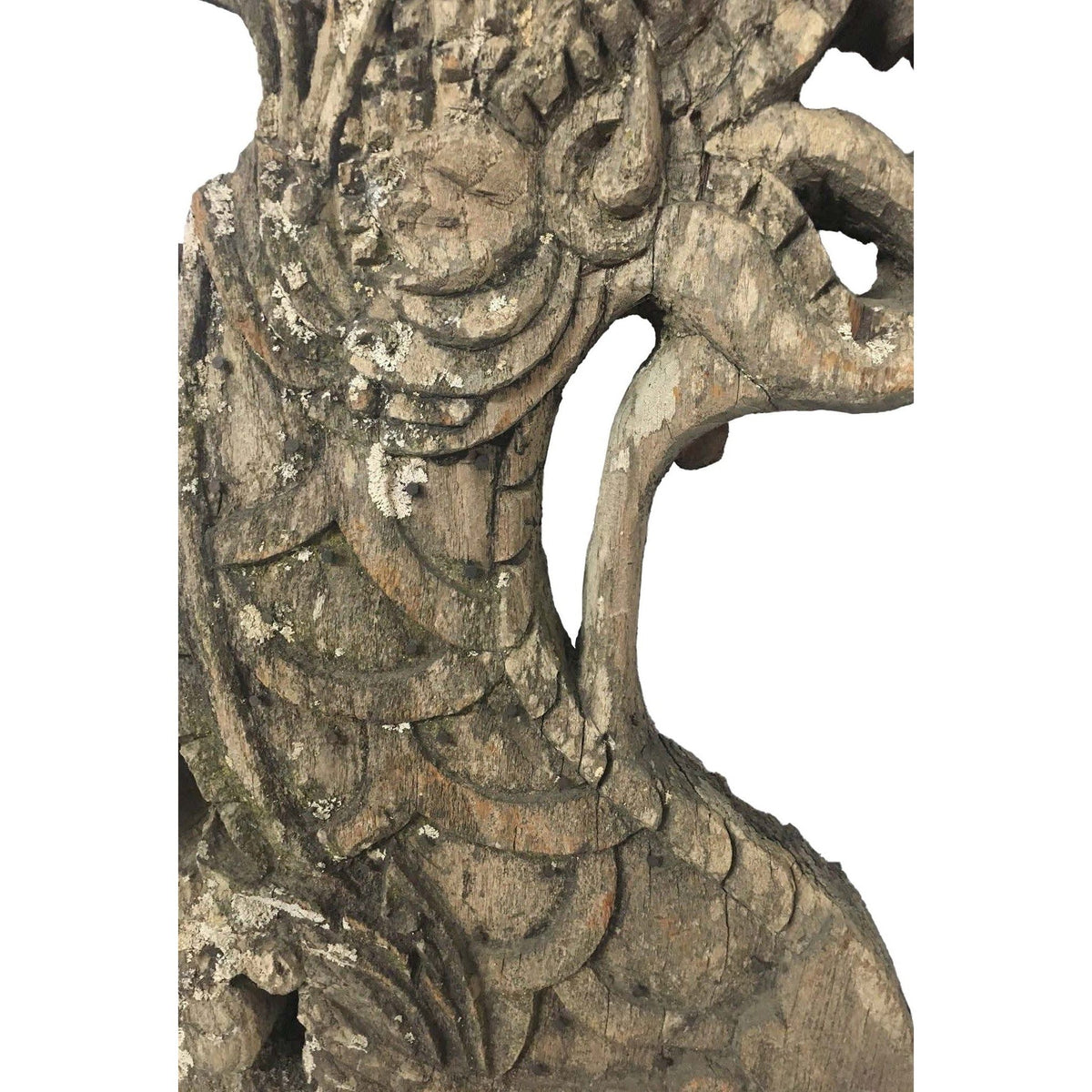 Large 19th Century Thai Wooden Temple Dragon with Natural Grayish Patina - 49" H X 28" W X 2" D