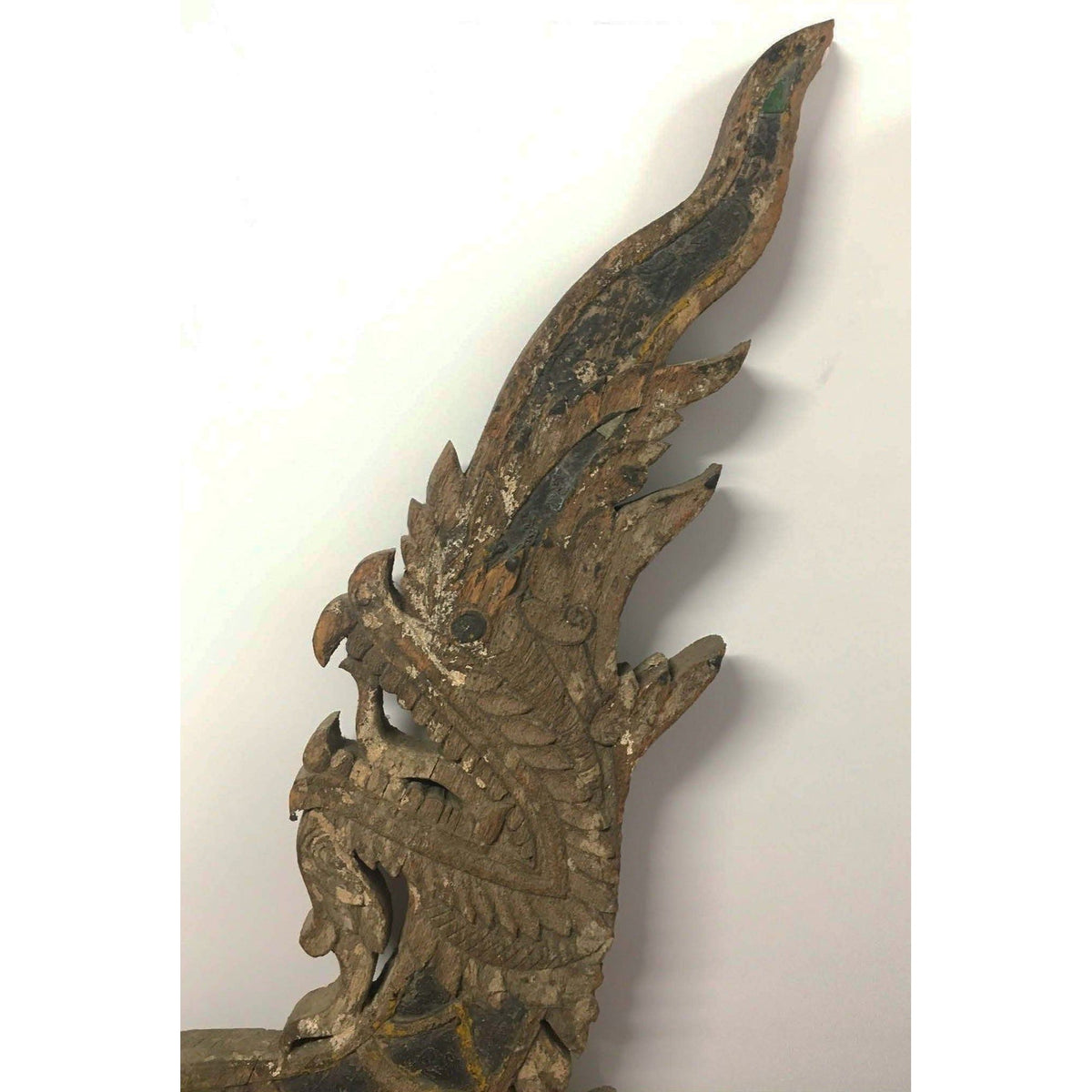 Large 19th Century Thai Wooden Temple Dragon with Natural Patina & Slight Mustard/Gray Coloration - 42" H X 35" W X 3" D