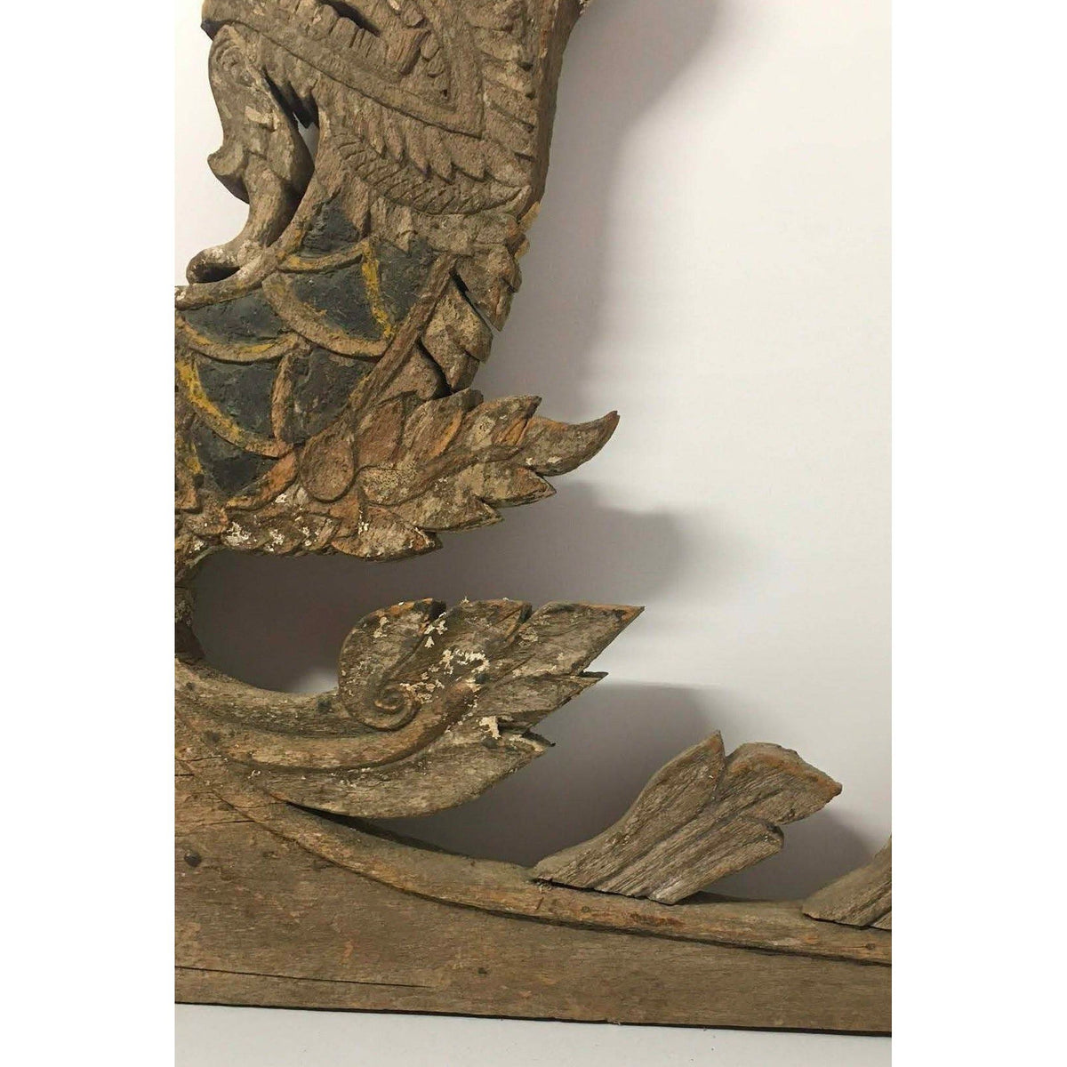 Large 19th Century Thai Wooden Temple Dragon with Natural Patina & Slight Mustard/Gray Coloration - 42" H X 35" W X 3" D