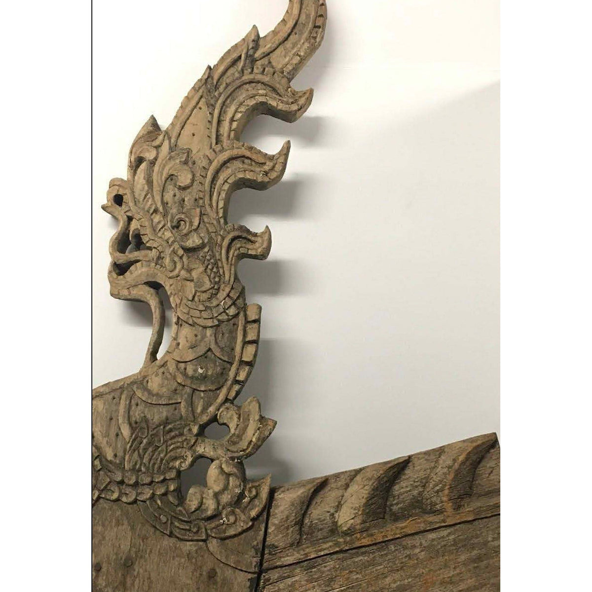 Large 19th Century Thai Wooden Temple Dragon with Natural Gray/Brown Patina - 49" H X 29" W X 2" D