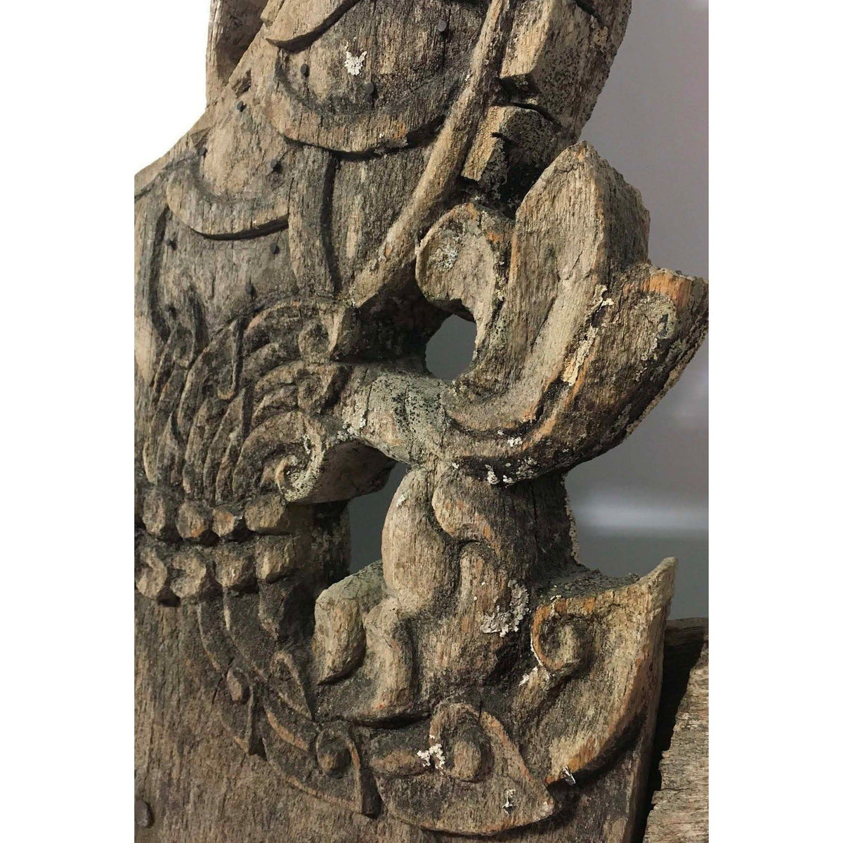 Large 19th Century Thai Wooden Temple Dragon with Natural Gray/Brown Patina - 49" H X 29" W X 2" D