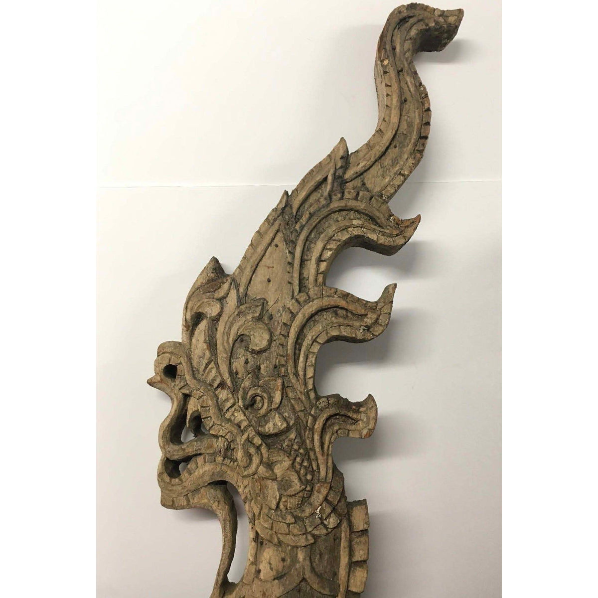 Large 19th Century Thai Wooden Temple Dragon with Natural Gray/Brown Patina - 49" H X 29" W X 2" D