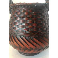 Japanese Ikebana-Style Bamboo Basket with Rootwood Handle Measuring 19.5 Inches Tall by 9.5 Inches Diameter