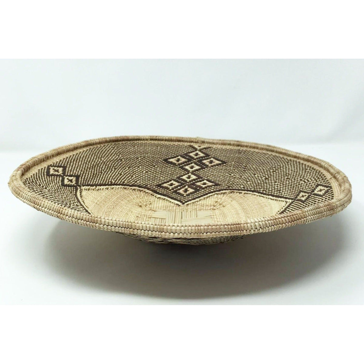 Set of Three Sangwe Handwoven Round Baskets with Geometric Patterns in Neutral Earth Tones from Zimbabwe