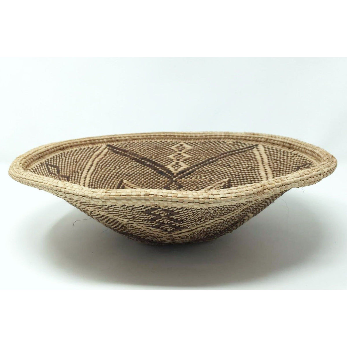 Set of Three Sangwe Handwoven Round Baskets with Geometric Patterns in Neutral Earth Tones from Zimbabwe