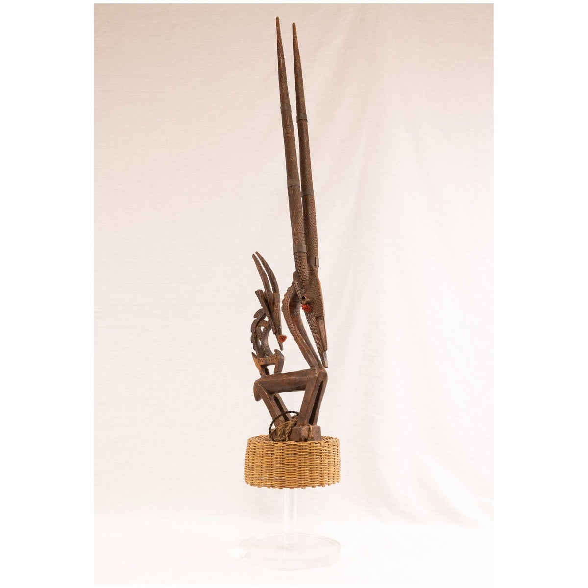 Female Bamana/Bambara Chiwara Carved Wood Figure Headdress with Cap from Mali - 42.5" H X 8.25" D X 2.25" W