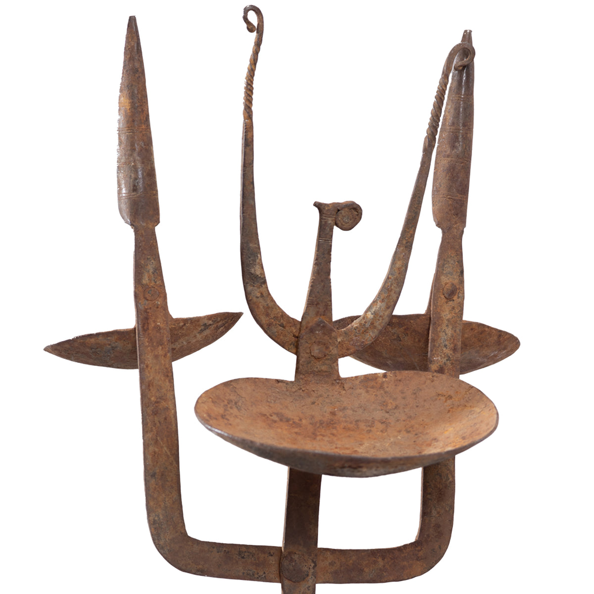 African Dogon/Bambara Iron Oil Lamp from Mali with Black Metal Stand