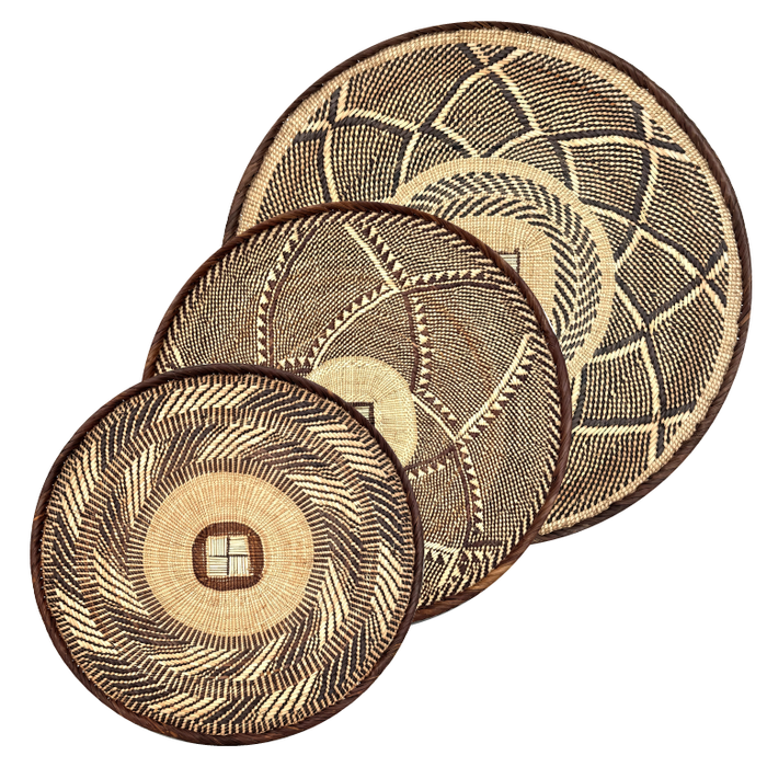Trio of Tongan Handwoven Baskets from Zimbabwe - 16", 17", & 20" Diam.