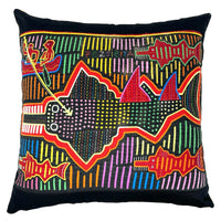 Panamanian Kuna Mola Pillow with Sawtooth Sharks & Fishermen