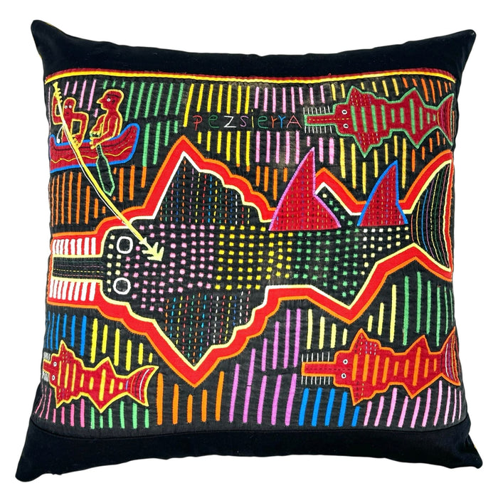 Panamanian Kuna Mola Pillow with Sawtooth Sharks & Fishermen