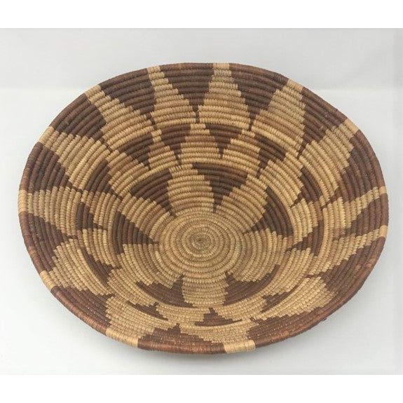 Vintage Botswana Basket with Natural Background and Geometric Patterns in Neutral Brown Tones Measuring 14 Inches Diameter by 4.5 Inches Tall