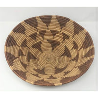 Vintage Botswana Basket with Natural Background and Geometric Patterns in Neutral Brown Tones Measuring 14 Inches Diameter by 4.5 Inches Tall