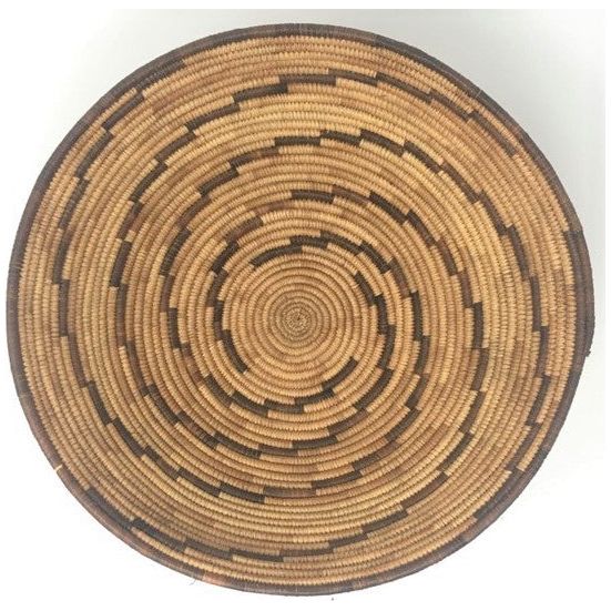 Vintage Botswana Basket with Neutral Coloration and Circular Zigzag Design in Dark Brown Measuring 13 Inches Diameter by 4.5 Inches Tall