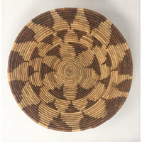 Vintage Botswana Basket with Natural Background and Geometric Patterns in Neutral Brown Tones Measuring 14 Inches Diameter by 4.5 Inches Tall