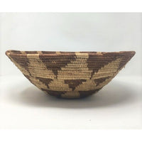 Vintage Botswana Basket with Natural Background and Geometric Patterns in Neutral Brown Tones Measuring 14 Inches Diameter by 4.5 Inches Tall