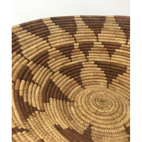 Vintage Botswana Basket with Natural Background and Geometric Patterns in Neutral Brown Tones Measuring 14 Inches Diameter by 4.5 Inches Tall