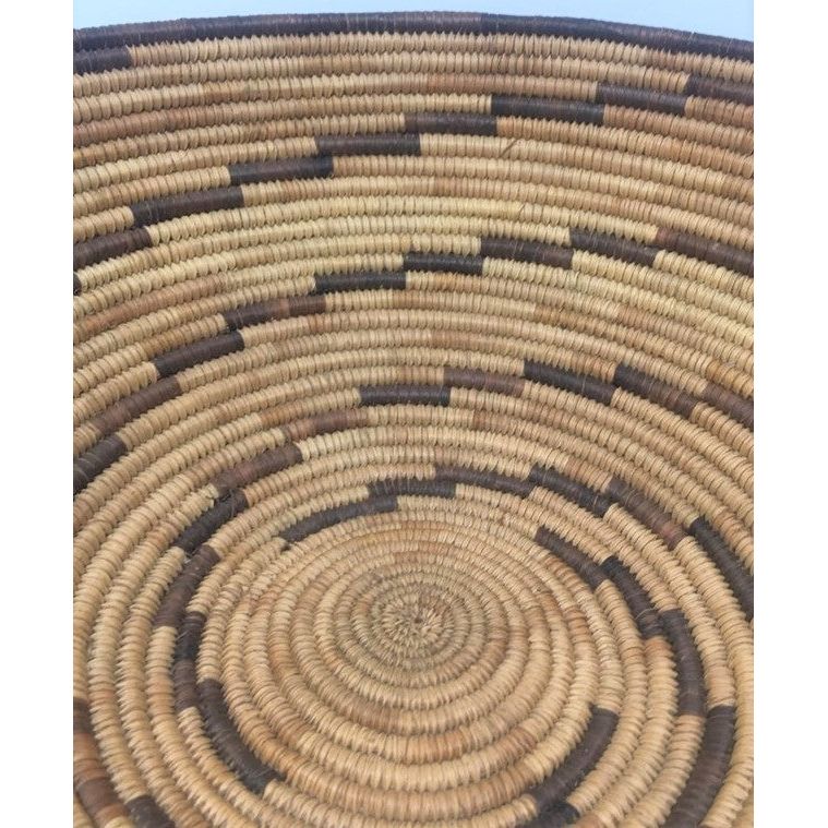 Vintage Botswana Basket with Neutral Coloration and Circular Zigzag Design in Dark Brown Measuring 13 Inches Diameter by 4.5 Inches Tall