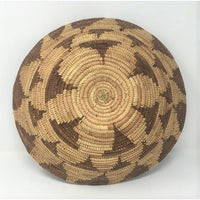 Vintage Botswana Basket with Natural Background and Geometric Patterns in Neutral Brown Tones Measuring 14 Inches Diameter by 4.5 Inches Tall