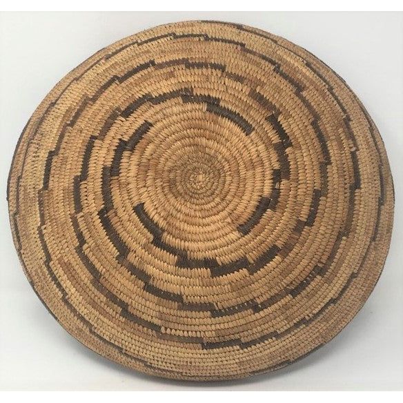 Vintage Botswana Basket with Neutral Coloration and Circular Zigzag Design in Dark Brown Measuring 13 Inches Diameter by 4.5 Inches Tall