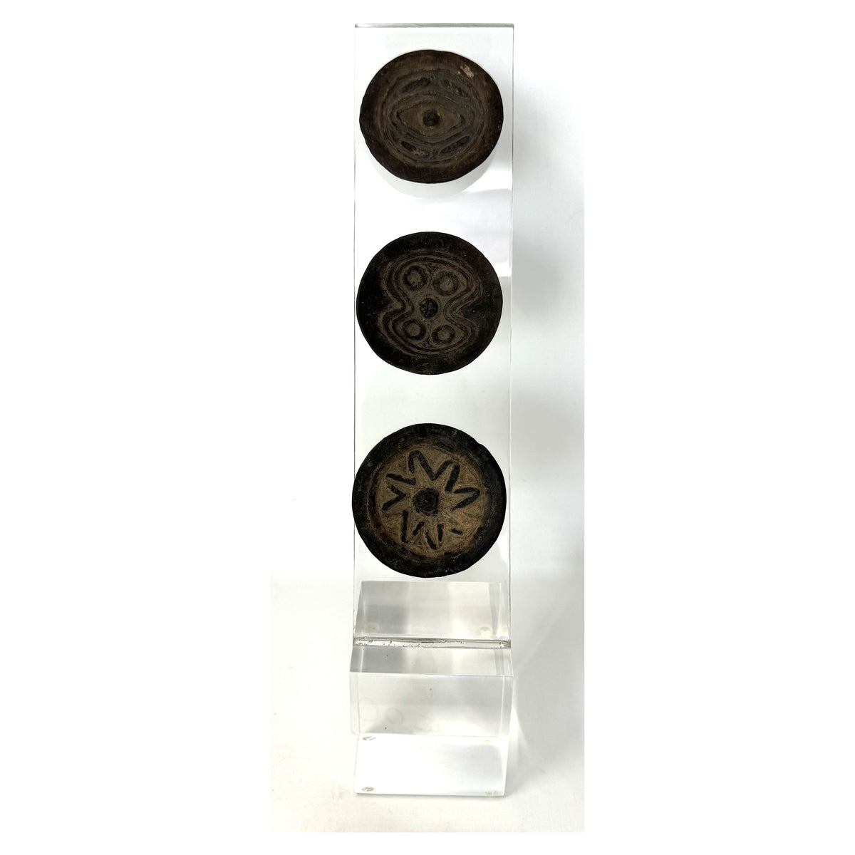 Set of 3 Papua New Guinea (PNG) Abelam spinning toy coconut shell tops with custom acrylic stand. Perfect for a toy collector or one interested in Oceania art. 