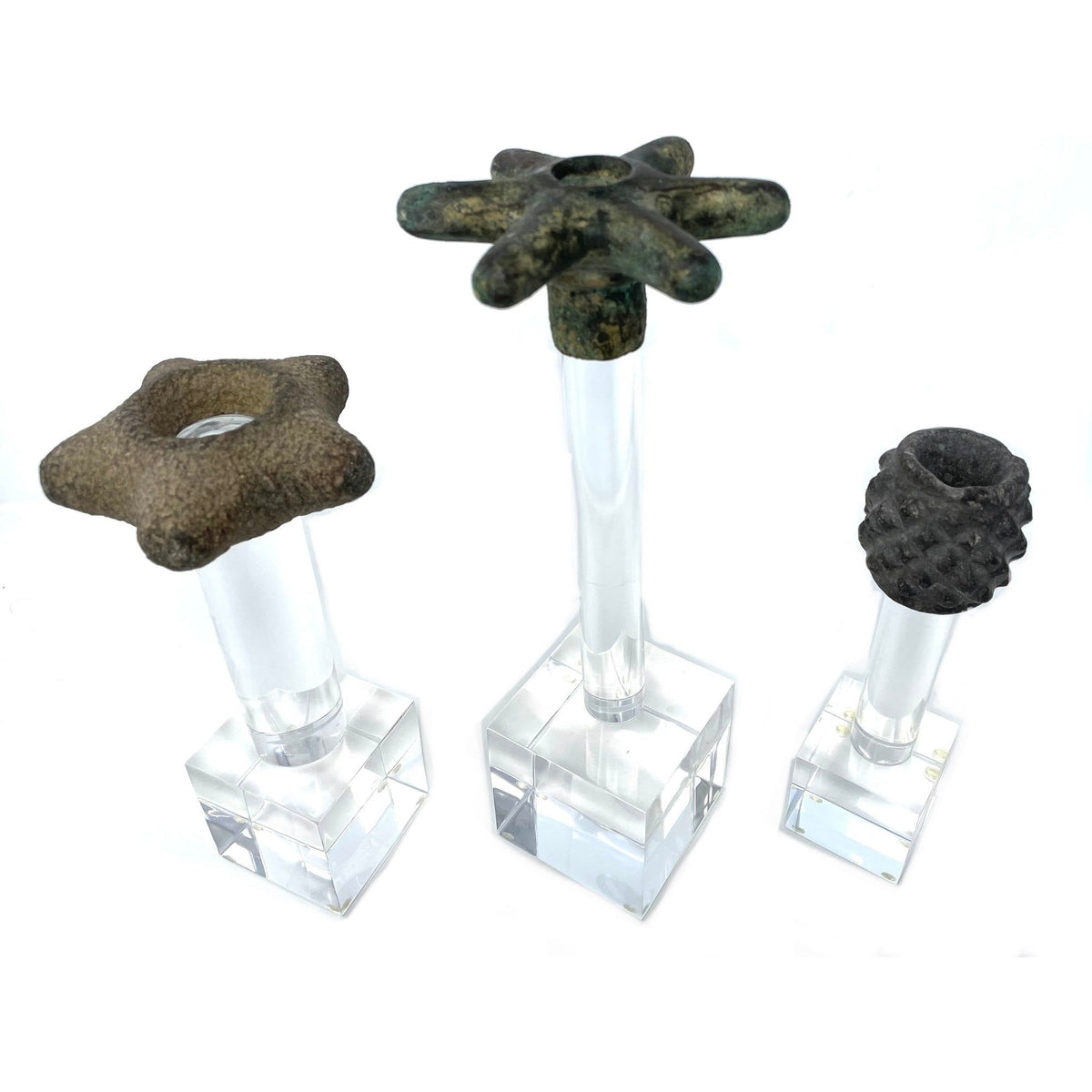 3 Pre-Columbian Stone & Copper Mace Heads on Custom Acrylic Stands