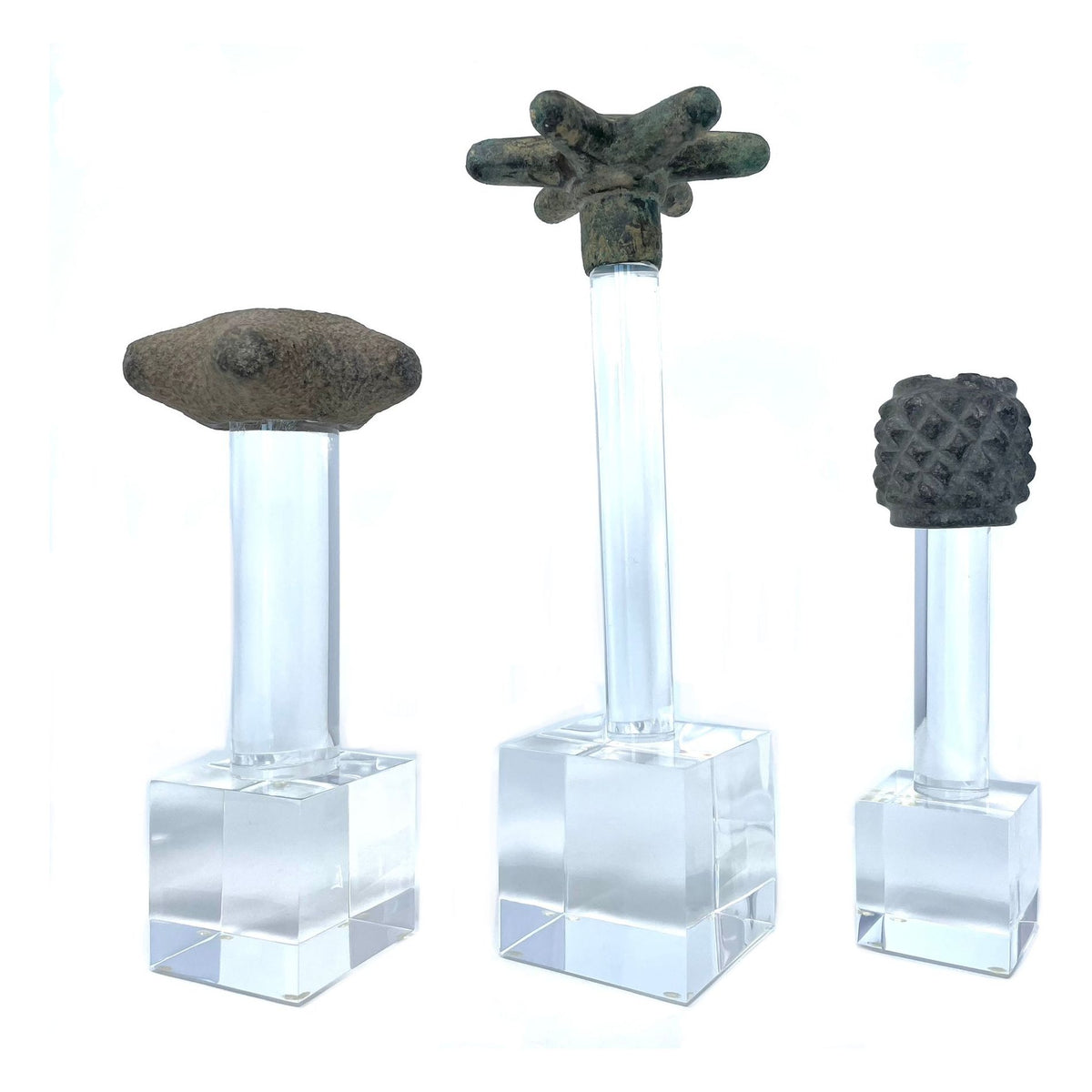 3 Pre-Columbian Stone & Copper Mace Heads on Custom Acrylic Stands