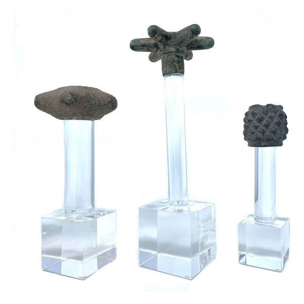3 Pre-Columbian Stone & Copper Mace Heads on Custom Acrylic Stands