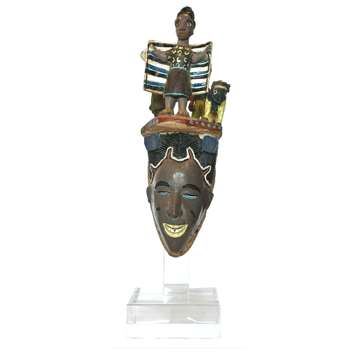 Vintage Guro Mask with Three Figures Atop Head from Ivory Coast and Custom Acrylic Stand.
