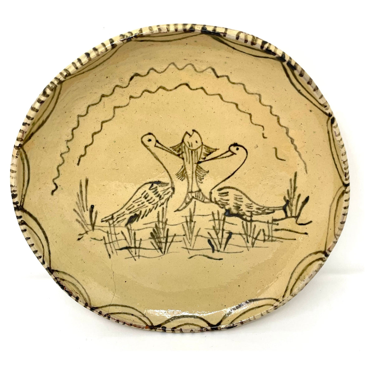 Vintage Tzintzuntzan Plate Featuring Two Birds and One Fish from Michoacán, Mexico - 10.5" Diam. X 1.25" H