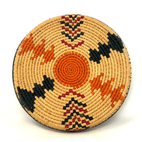 Set of Three African Handwoven Round Baskets with Red, Orange and Black Designs Each Measuring 7.5 Inches Diameter