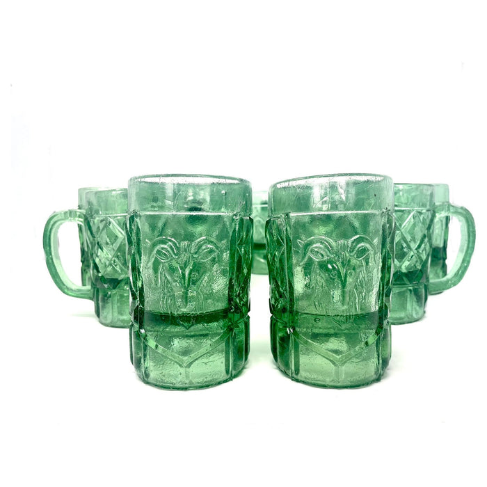 Set of 10 Green Pressed Glass Mexican Pulque "Chivo" Ram's Head Beer Mugs Steins Puebla Mexico Cantina Barware Collector