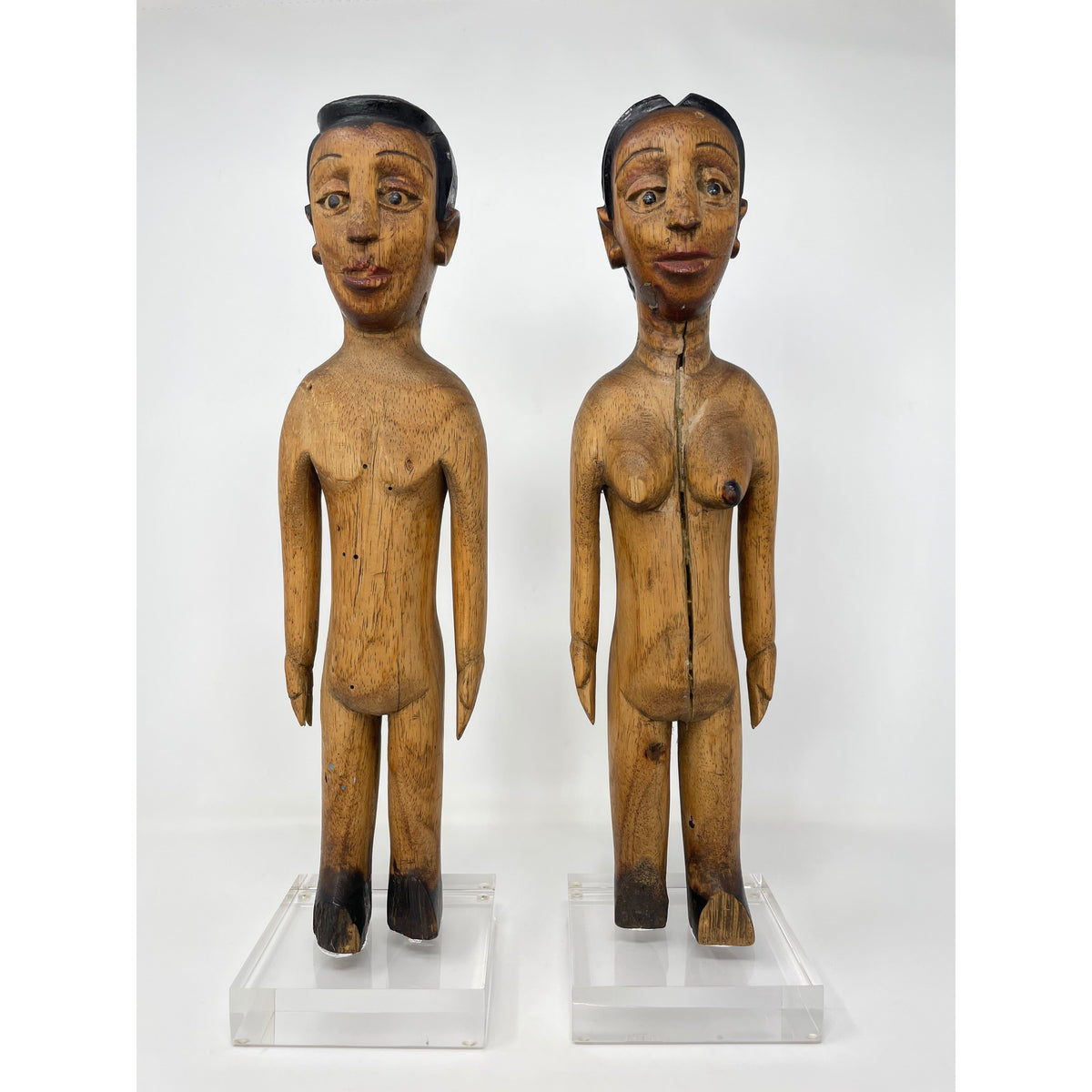 Ewe Male & Female Venavi 'Twin' Wooden Figures on Acrylic Bases from Ghana/Togo Each Measuring 15 Inches Tall