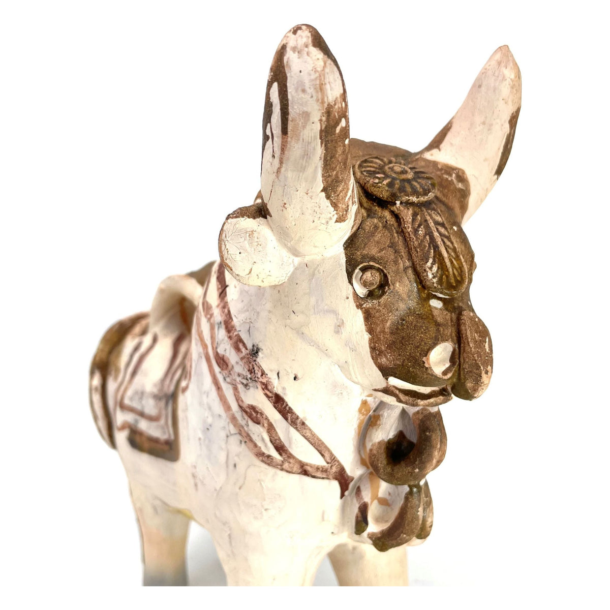 Small Pucará Folk Art Bull from Peru with Beige Coloration Measuring 7.5 Inches Tall by 7.5 Inches Long