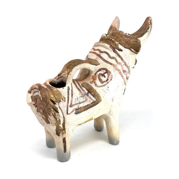 Small Pucará Folk Art Bull from Peru with Beige Coloration Measuring 7.5 Inches Tall by 7.5 Inches Long