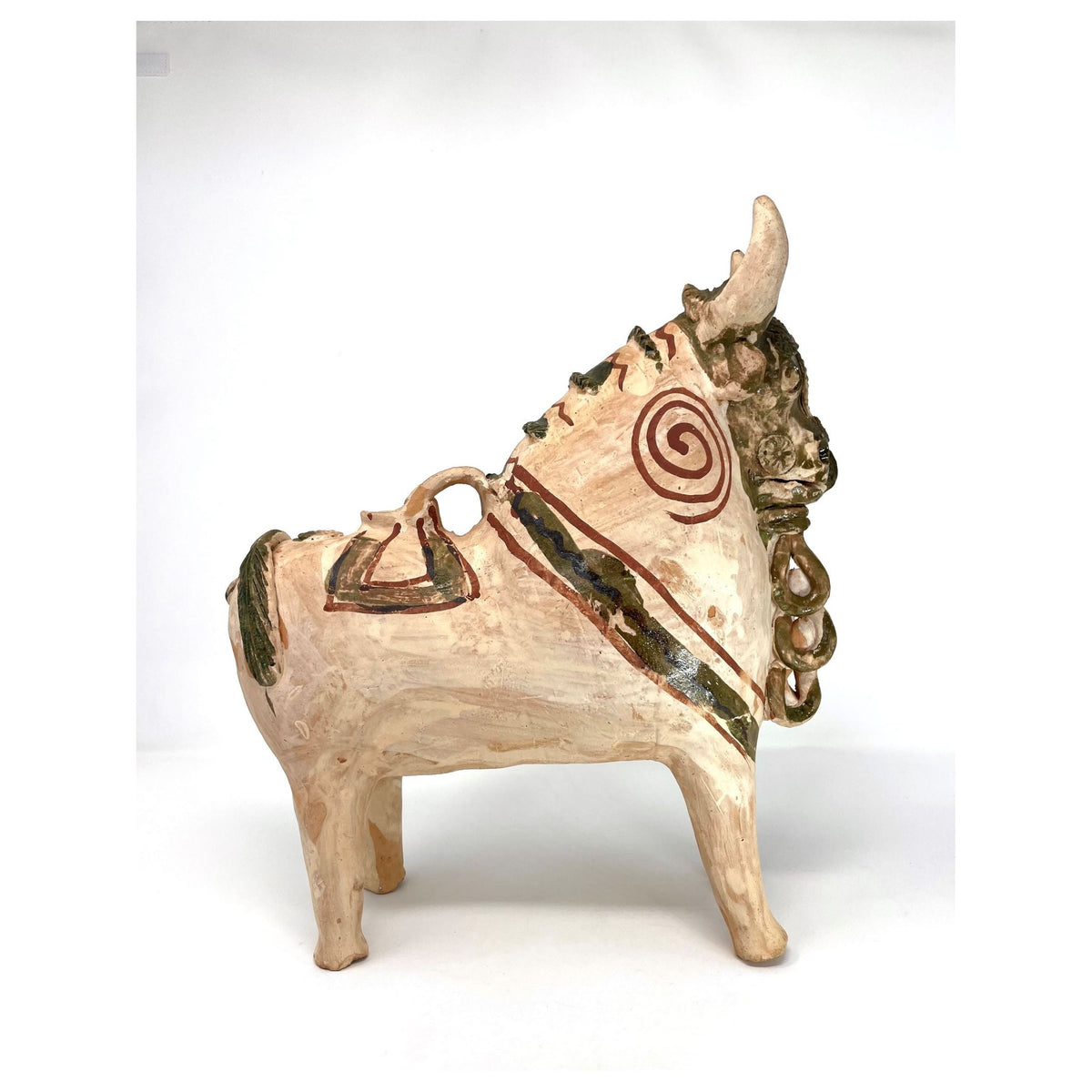 Large Vintage Pucará Folk Art Bull from Peru Measuring 13 Inches Tall by 11 Inches Long