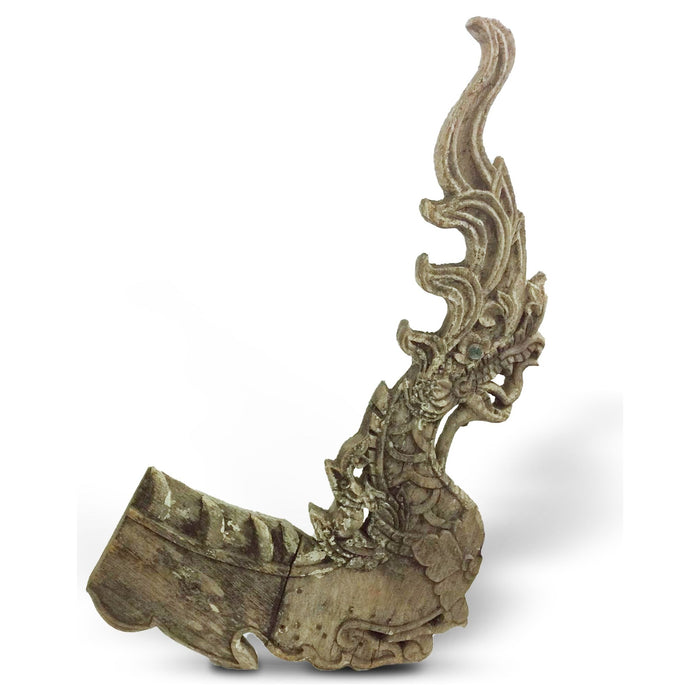 Antique 1800s Thai wooden temple dragon architectural element with intricate carvings and a natural patina.