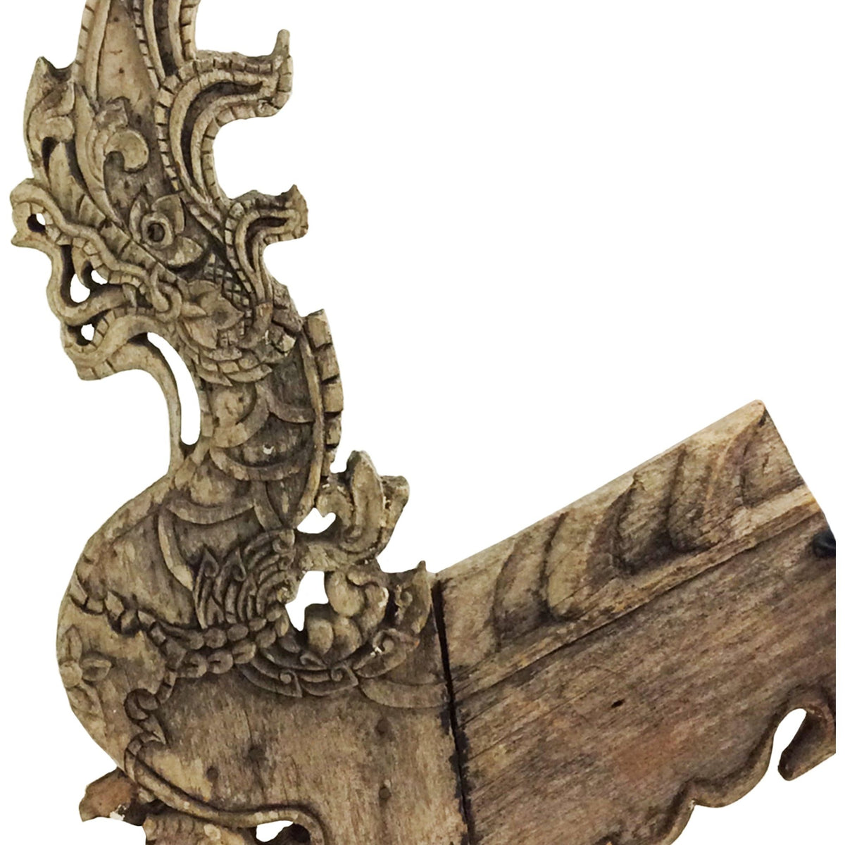 Large 19th Century Thai Wooden Temple Dragon with Natural Gray/Brown Patina - 49" H X 29" W X 2" D