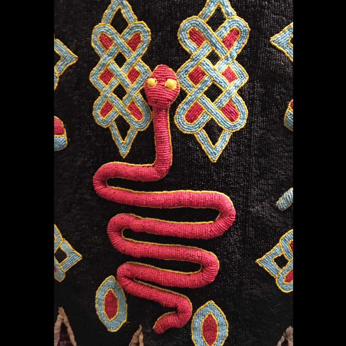 Free-Standing Vintage 1950s Yoruba Ceremonial Beaded Tunic from Nigeria with Black Metal Floor Stand Measuring 50 Inches Tall by 20 Inches Wide (No. 3)