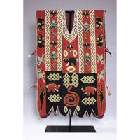 Free-Standing Vintage 1950s Yoruba Ceremonial Beaded Tunic from Nigeria with Black Metal Floor Stand Measuring 50 Inches Tall by 20 Inches Wide (No. 3)